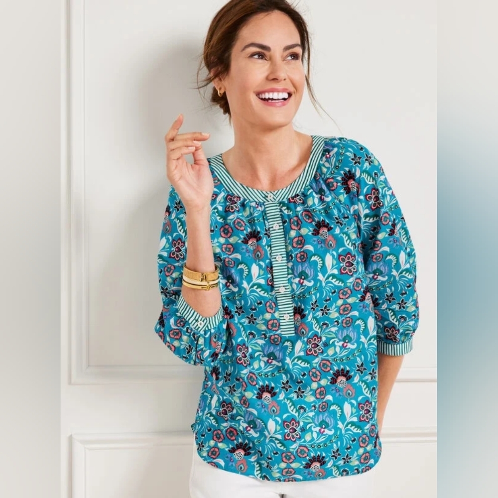 Talbots band collar popover turquoise blue jocobean floral 100% cotton sz. PL